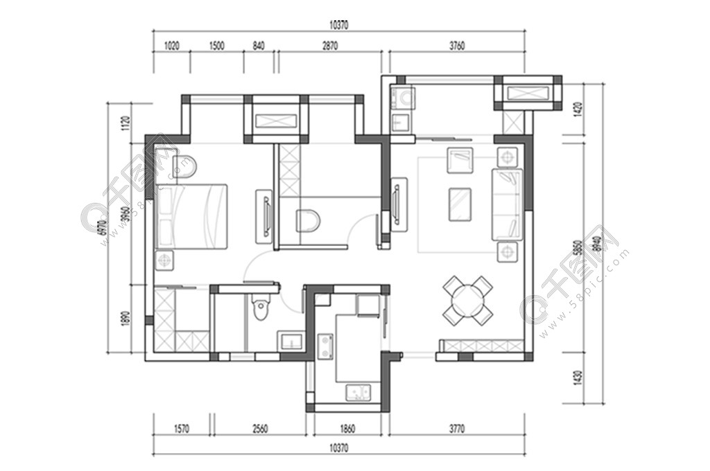 两房户型CAD平面图设计图免费下载_dwg格式_编号34362892